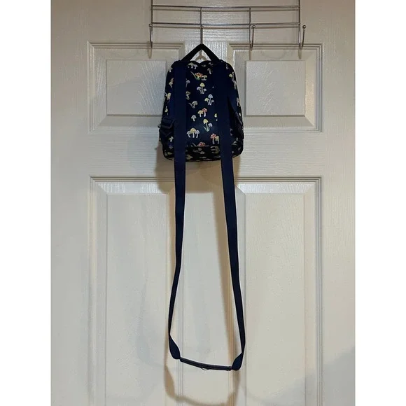 Navy Blue Mushroom Print Mini Backpack Cottagecore Nylon Small Bag - Picture 7 of 8